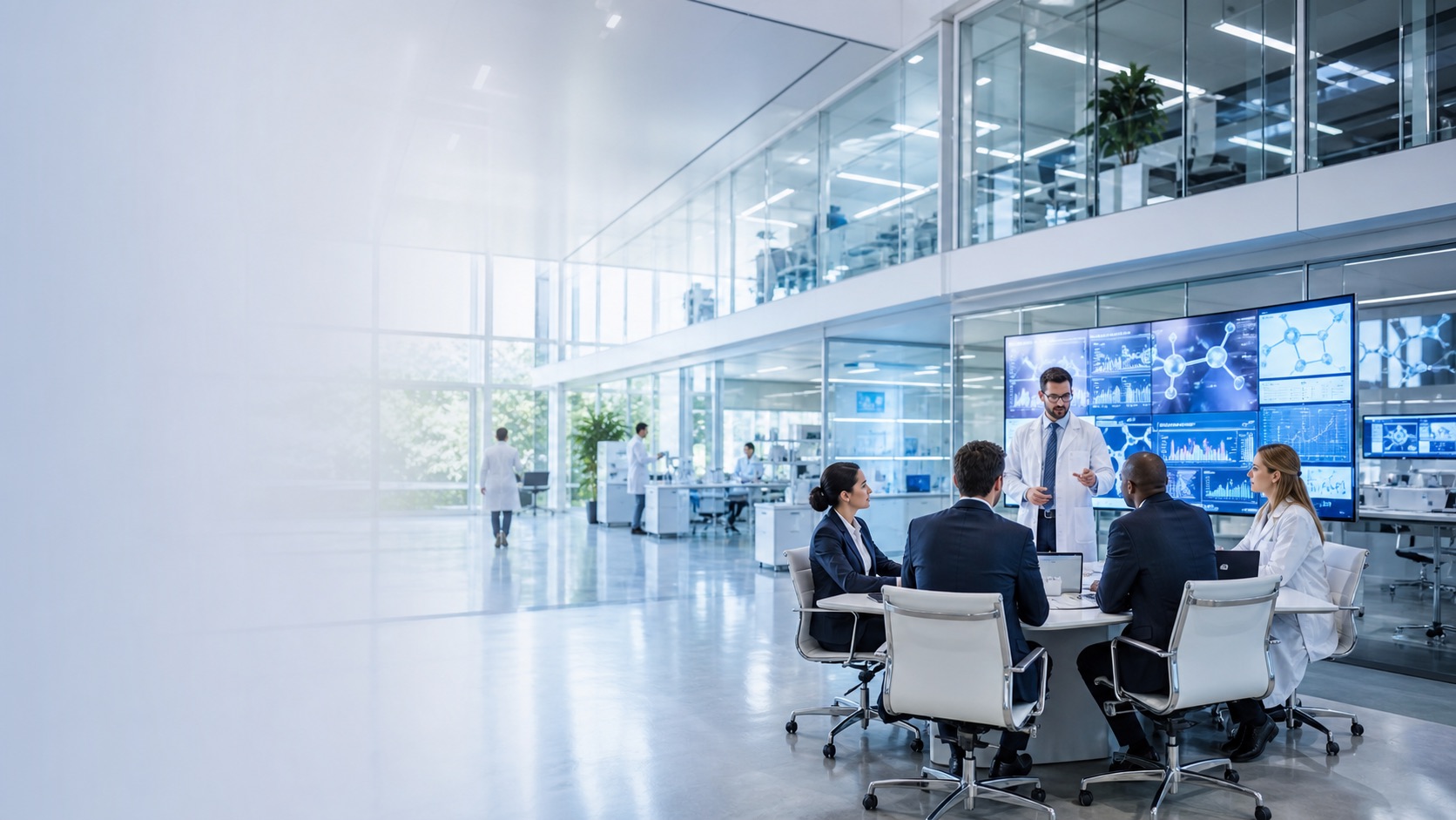 Pharmaceutical research team working in a modern facility